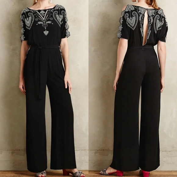 Anthropologie Elevenses Acacia Embroidered Jumpsuit Cutouts Wide Leg US 0 Gray - Picture 13 of 13